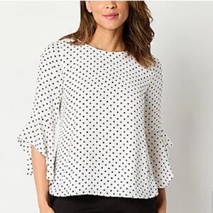 Black‎ Label by Evan-Picone Polkadot  3/4 Ruffle Sleeve Blouse Size Large